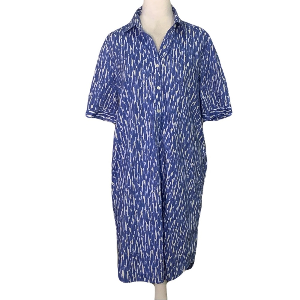 J. McLaughlin Large Blue White Arissa Abstract Print Shirt Dress Coastal Preppy